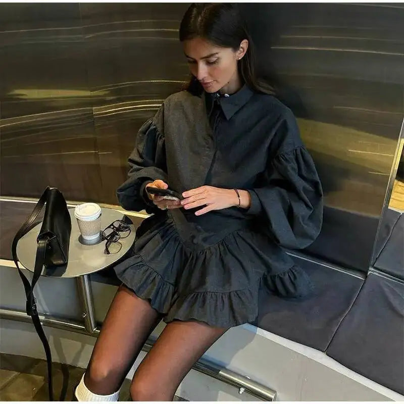 Plaid Print Shirt Ruffles Skirts Set Women Elegant Lapel Button Up Tops Loose Mini A-line Skirt Spring New Lady Chic Outfit LK9Q