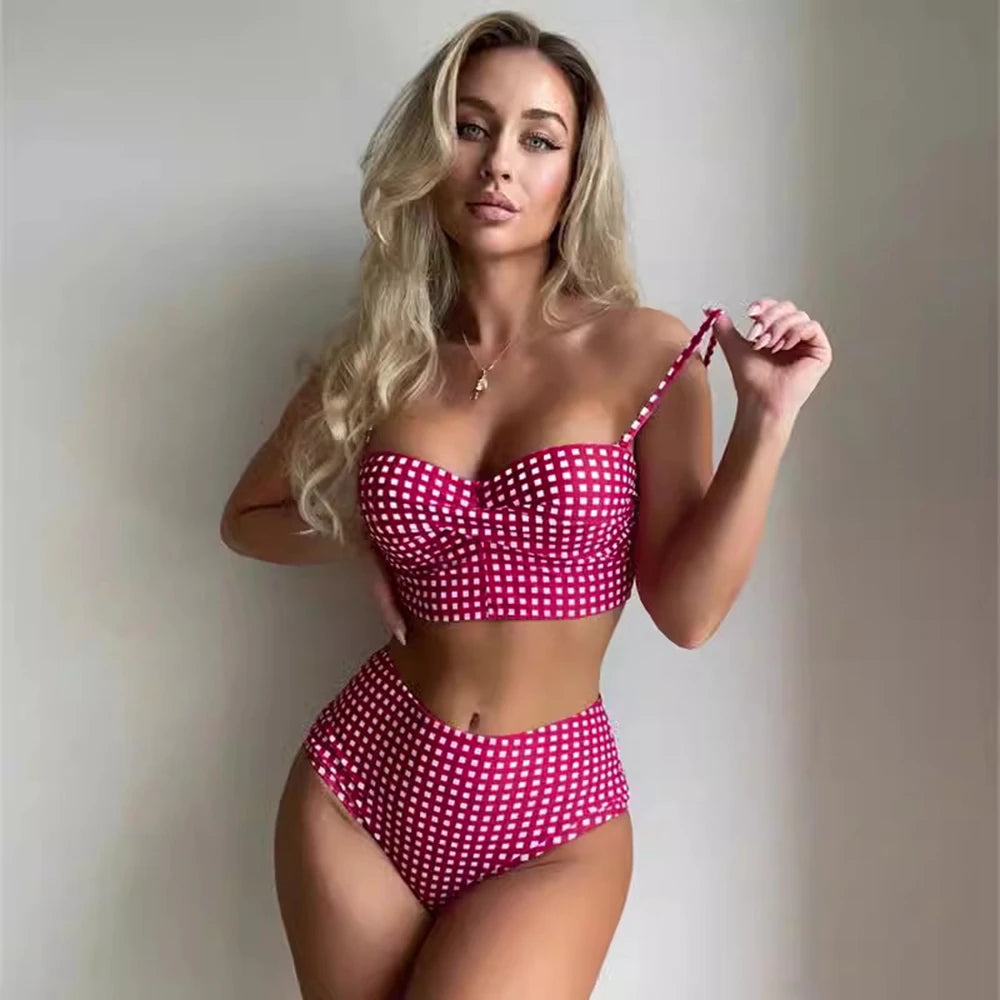 Women Sexy Slim Plaid Two Pieces Swimsuit High Waisted Bikini Swimwear 2024 Bikini Sets Size S-3XL Rose Red/Black/Blue/Sky Blue