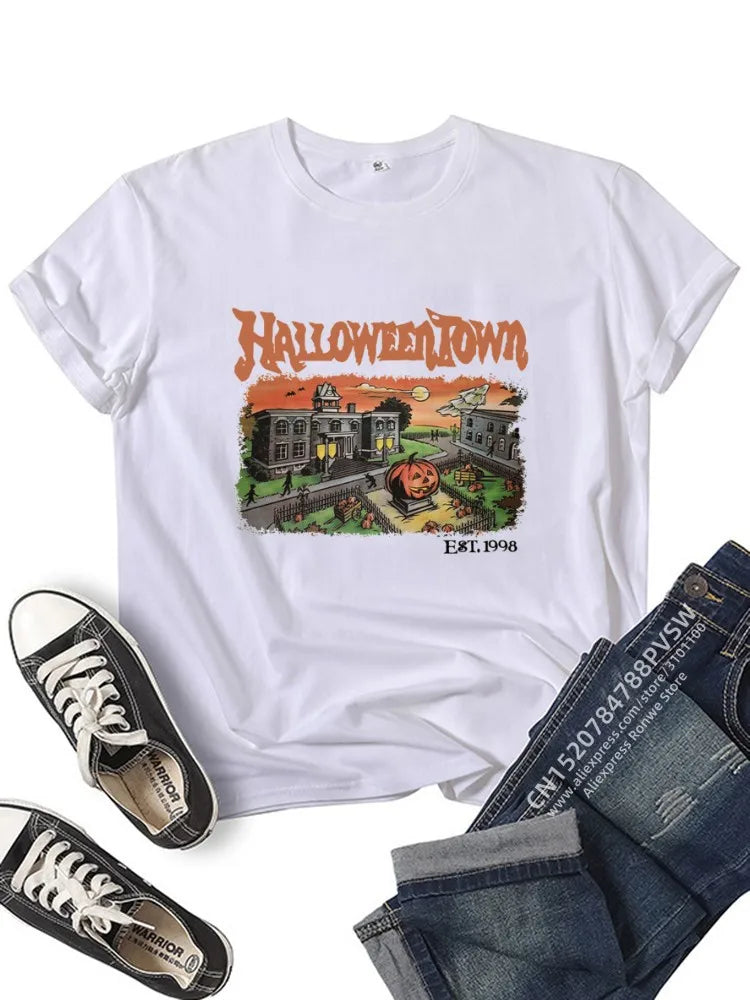 EtherealBe Halloween graphic t-shirt for women featuring Halloween Town design on a white tee