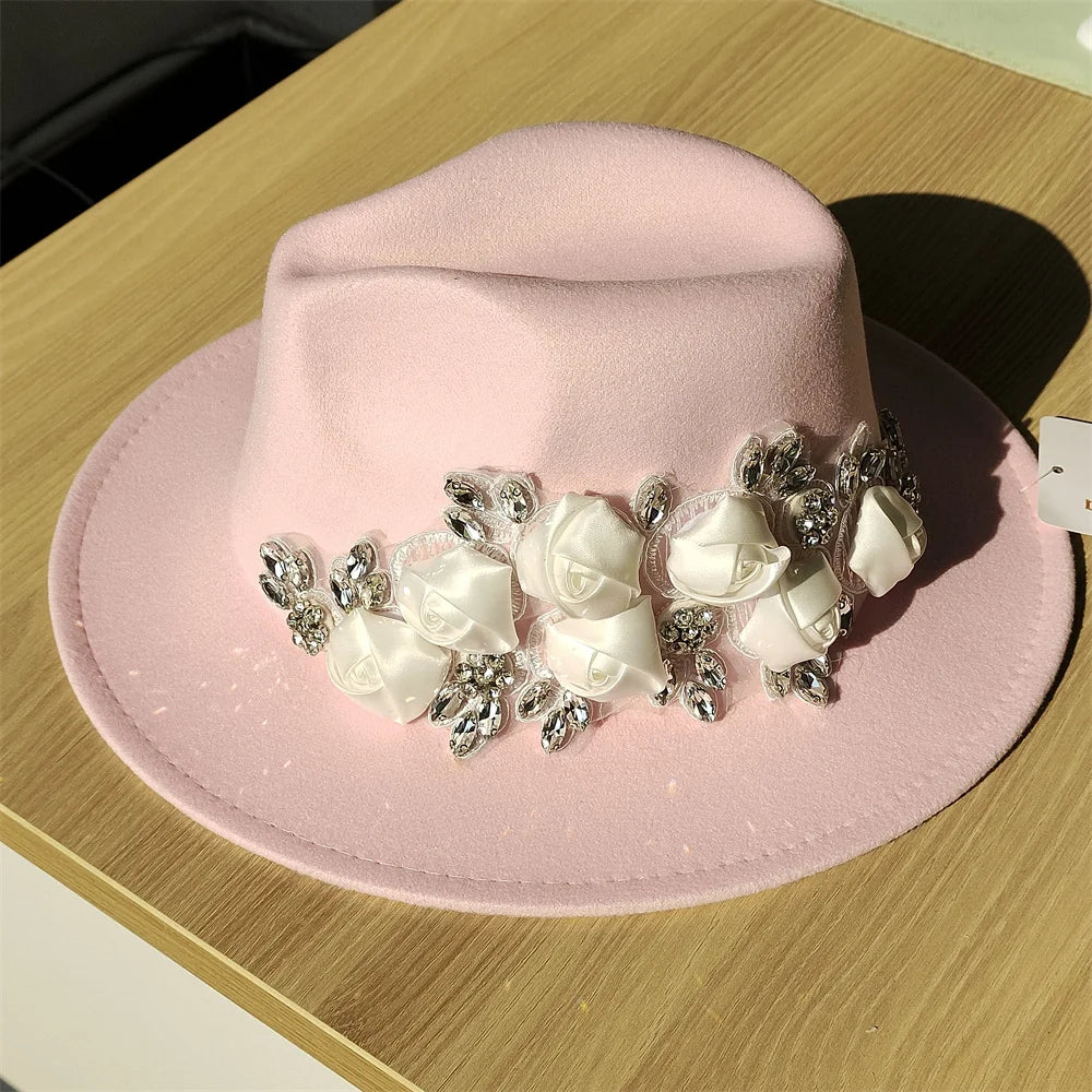 Embroidered three-dimensional flower fedora hat Women's jazz top hat Spring and autumn panama church fashion elegant wedding Hat