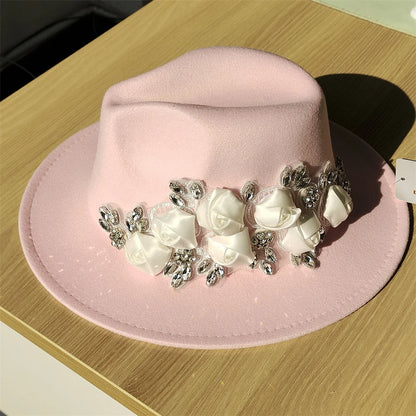 Embroidered three-dimensional flower fedora hat Women's jazz top hat Spring and autumn panama church fashion elegant wedding Hat