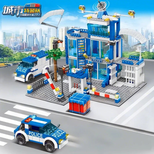 City police station building block group boy DIY car brick police station model building children's educational toy gift