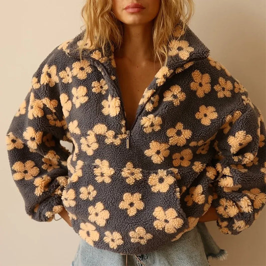 Floral print cozy lambskin coat for women with a half-zip design and soft fleece material