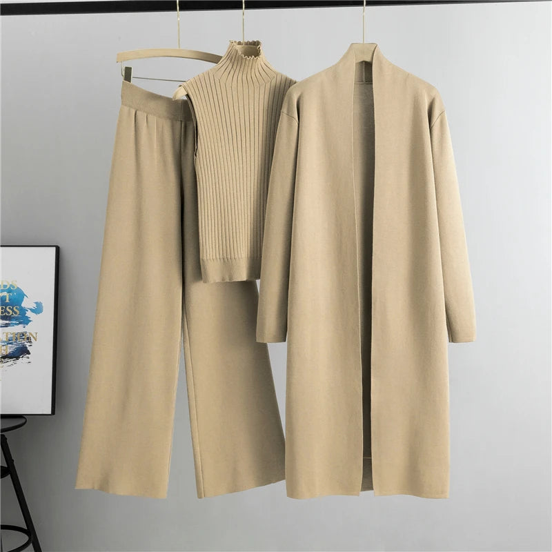 2025 Winter And Autumn Fashionable Elegant Women's Knitted 3-Piece Set cardigan Women's Sweater Women's Wide Leg Pants