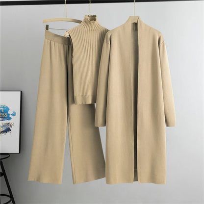 2025 Winter And Autumn Fashionable Elegant Women's Knitted 3-Piece Set cardigan Women's Sweater Women's Wide Leg Pants