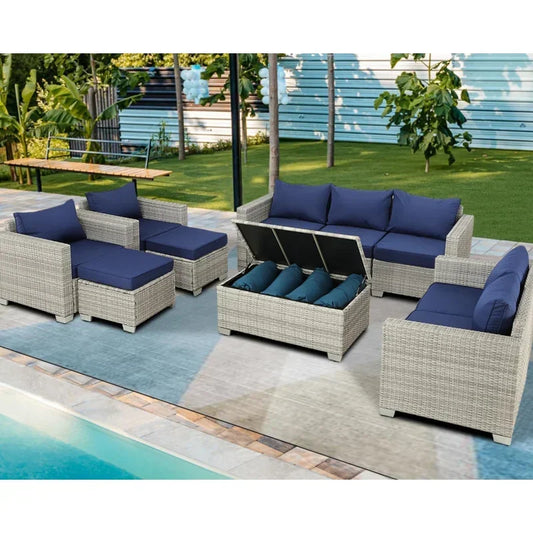 Qoutdoor PE wicker patio furniture rattan sectional loveseat couch set conversation sofa with storage box for balcony lawn a
