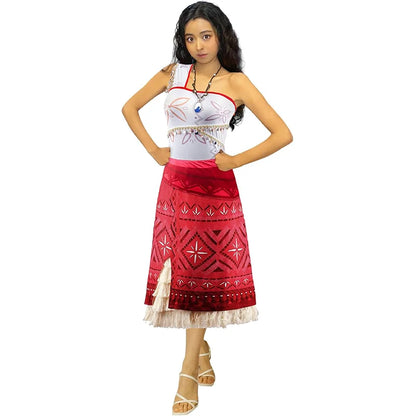 EtherealBe Moana cosplay costume for women featuring a top and red skirt with tribal patterns