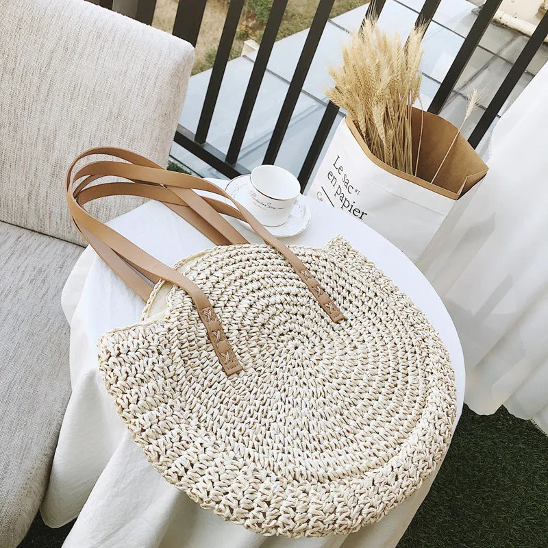 Round Straw Beach Bag Vintage Handmade Woven Shoulder Bag Raffia circle Rattan bags Bohemian Summer Vacation Casual Bags