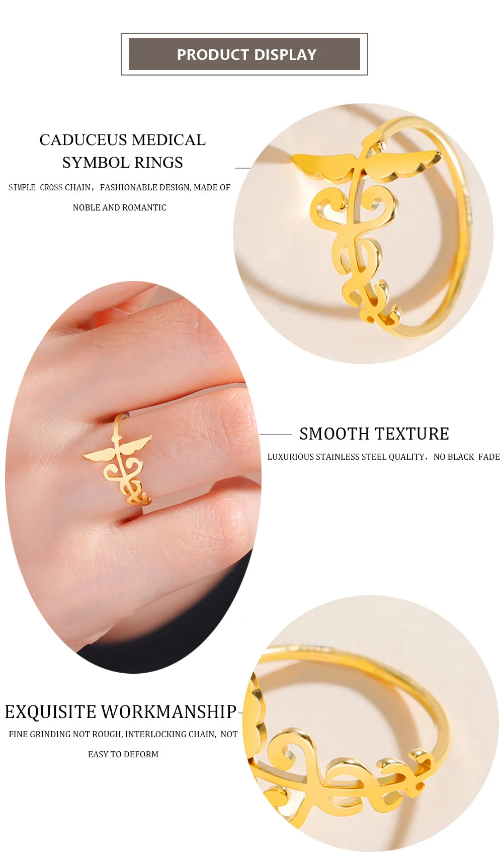 Lucktune Caduceus Medical Symbol Rings Women Stainless Steel Snake Bind Wing Finger Ring Vintage Jewelry Gift for Doctor Nurse