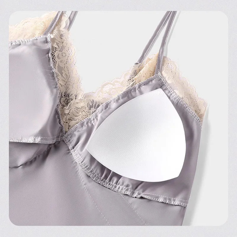 Womens Sexy Satin Pajama Set Lace Trim Cami Top Shorts Lingerie Sleepwear Silky Black Cream V Neck Spaghetti Strap Two Piece