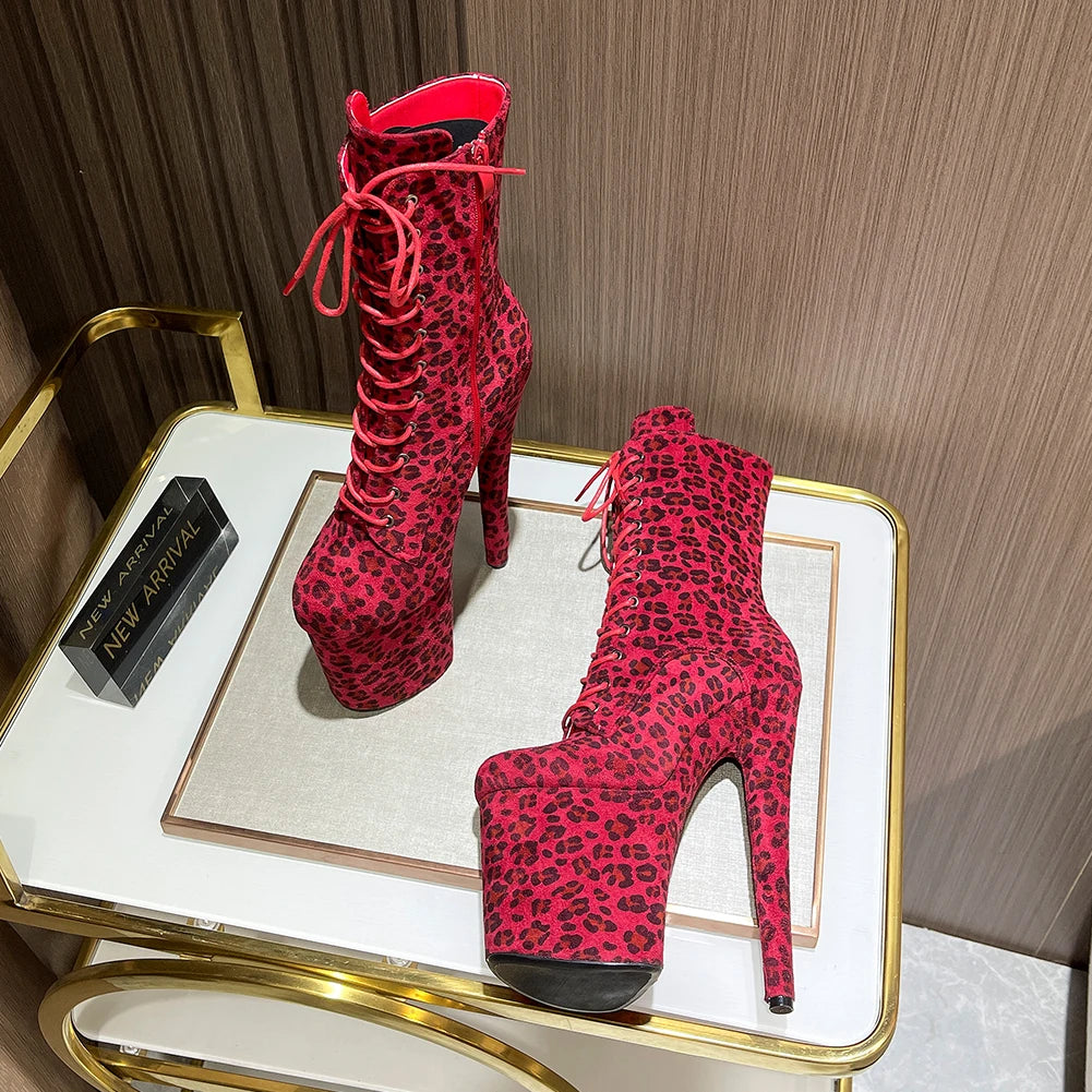 Sexy Fetish Leopard 20cm/8Inch Women's high-heeled Ankle Boots Lace-up Zip Platform Suede Pole Dance Shoes Large Size 44 WESTERN