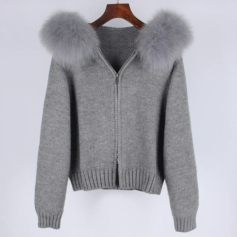 OFTBUY Real Fox Fur Kintwear Women 2025 New Spring Autumn Hooded Sweater Female Loose Zipper Kintted Jacket Oversized Cardigan