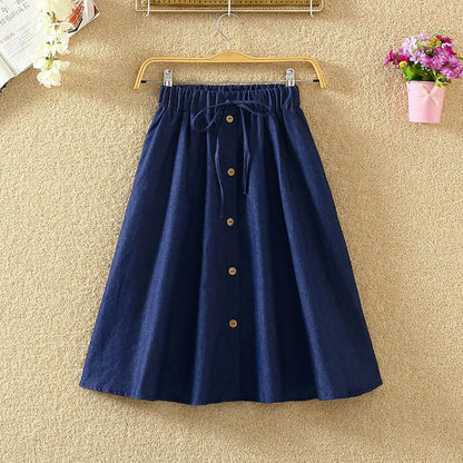 Pleated Skirt Girls Waist Long Denim Skirt Female New Kong Flavor Summer Arts Students Border Ladies Skirts Below Knee Length