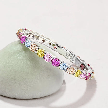 Genuine S925 Sterling Silver Sparkling Colorful Zircon Ring - Elegant 2mm Round Multicolor Jewelry for Party Wedding Daily Wear
