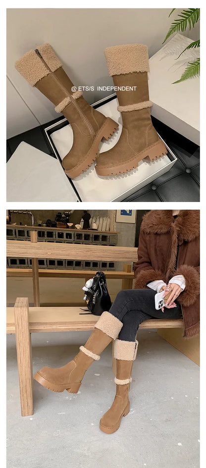Thickened Lamb Wool Long Tube Snow Boots for Women New 2025 Autumn Winter Anti-slip Fleece-lined Cotton Shoes Knee High Boots