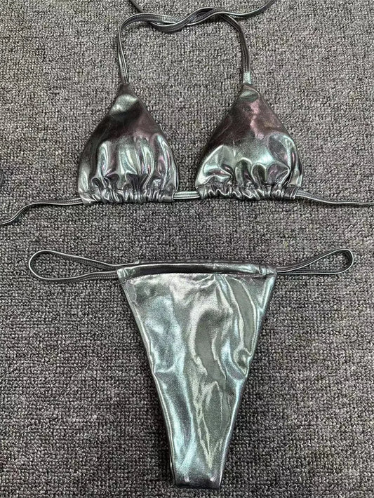 Sexy String Bikini Triangle Swimsuit Goth Silver Y2K Swimwear Women Backless Bathing Suit Micro Extreme Tanga mujer Beach Outfit