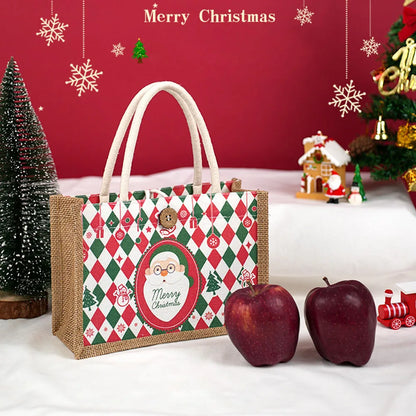 Christmas Tote Bag Santa Claus Prints Large Capacity Jute Handbag Female Eco-Friendly Shopping Christmas Gift Handbag New