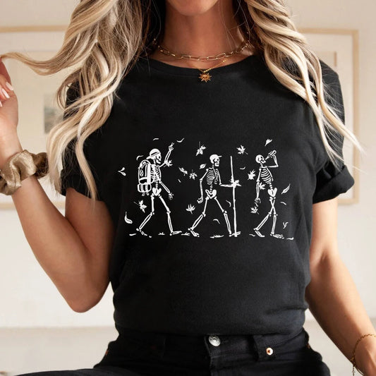 Vintage Fall Vibe Skeletons Hiking Halloween Print 2024 New Short Sleeve Crew Neck Ladies T-shirt Casual Ladies Top Y2K Aestheti