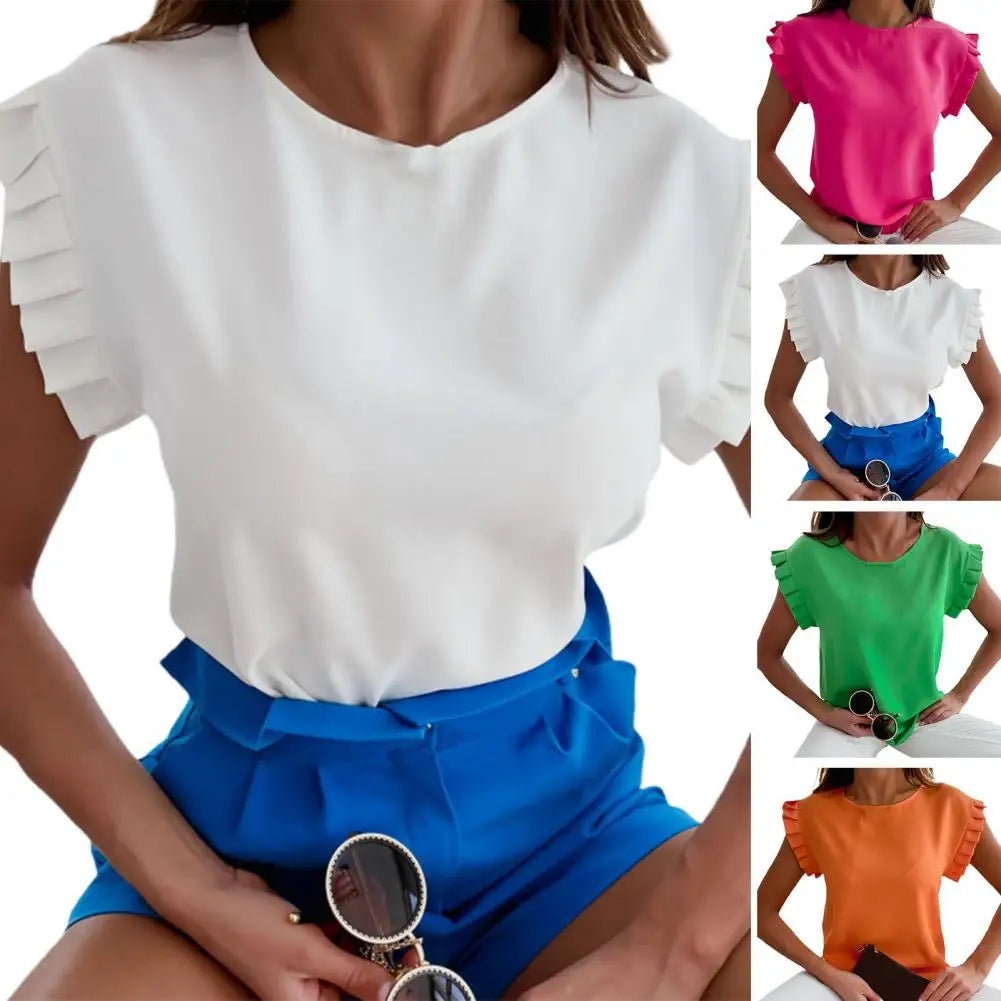 O-Neck Elegant Simple Lady Shirt Ruffle Short Sleeve Solid Color Summer Blouse Women's Tops Blusa Mujer Female Blusas