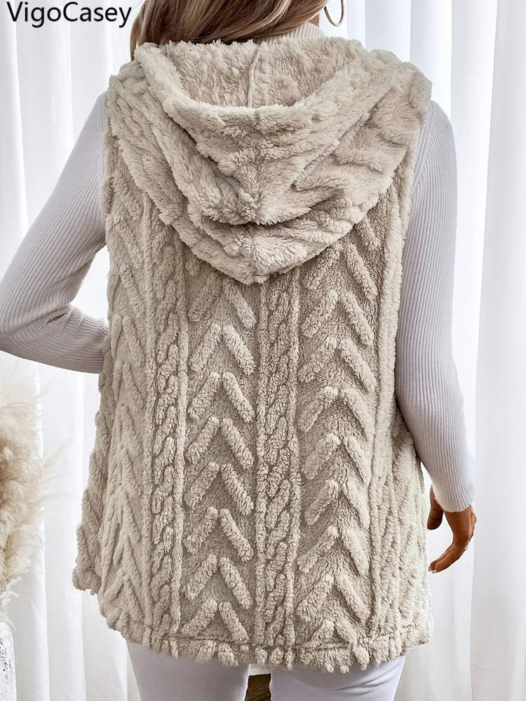 VigoCasey 2025 Apricot Sleeveless Vest Coat Woman Single-breasted Warm Plush Waistcoat Lady Autumn Winter Hooded Vest Jacket