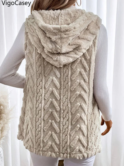VigoCasey 2025 Apricot Sleeveless Vest Coat Woman Single-breasted Warm Plush Waistcoat Lady Autumn Winter Hooded Vest Jacket