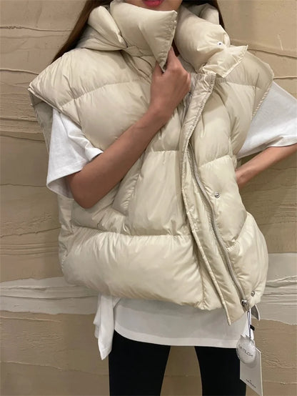 Stand Collar Sleeveless Down Cotton Jacket Women's Autumn Winter New  Loose Warm Hooded  Short Waistcoat Outwear Female
