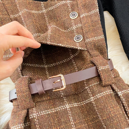 High Quality Fall Winter Women Sweater Overalls Dress Sets Casual Knitted Tops +Plaid Woolen Dress 2 Piece Sets Outfits Female