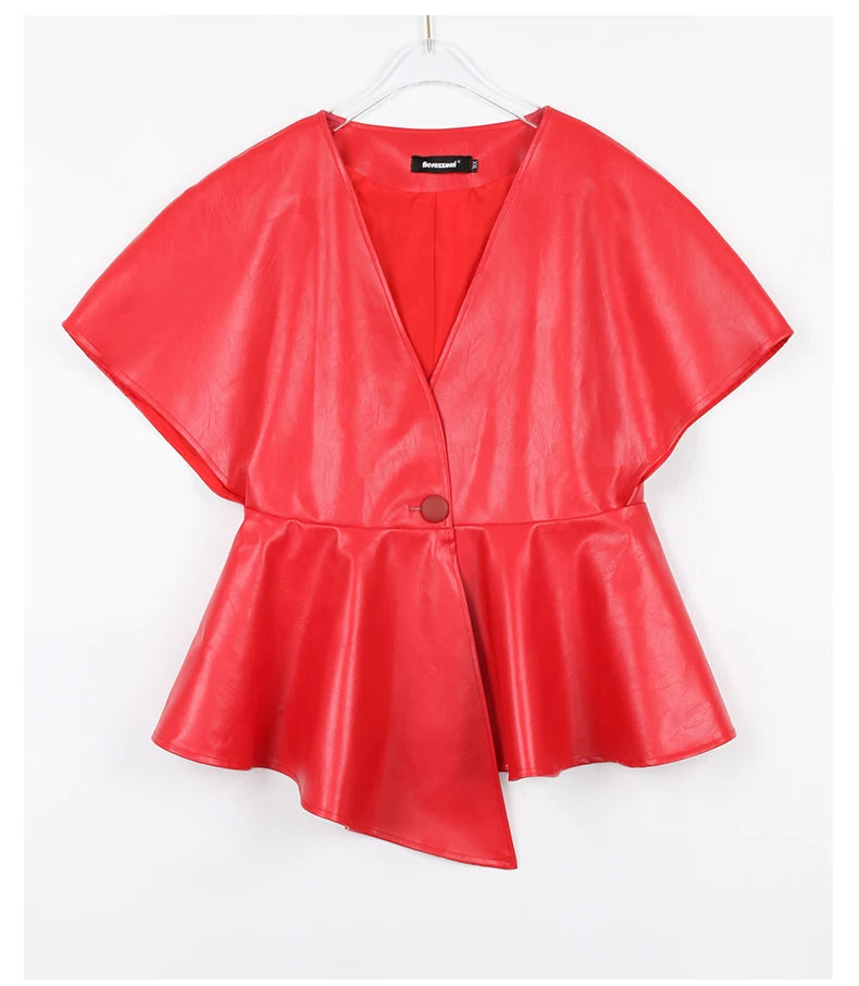 Nerazzurri Spring Short Red Faux Leather Vest Women Belt Runway Fashion Elegant Luxury Designer Clothes Sleeveless Jacket 2022