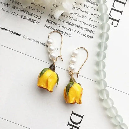 Unique Immortal Flower Earrings Elegant Natural Flower Pearl Drop Earrings Statement Jewelry Epoxy Resin Real Rose Earring 2024