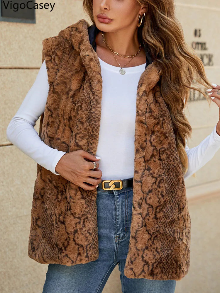 VigoCasey 2025 Autumn Winter Hooded Thick Vest Coat Woman Sleeveless Plush Warm Waistcoat Lady Print Warm Fluffy Vest Jacket