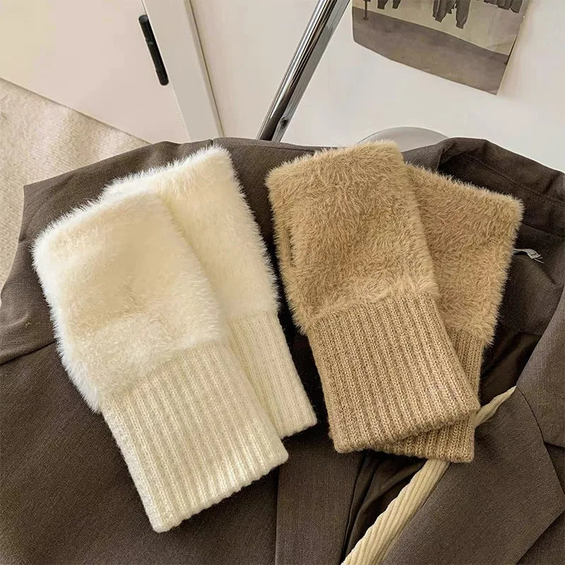 Soft Winter Half Finger Gloves Women Warm Luxury Solid White Plush Knitted Fingerless Gloves Wrist Mittens Writting