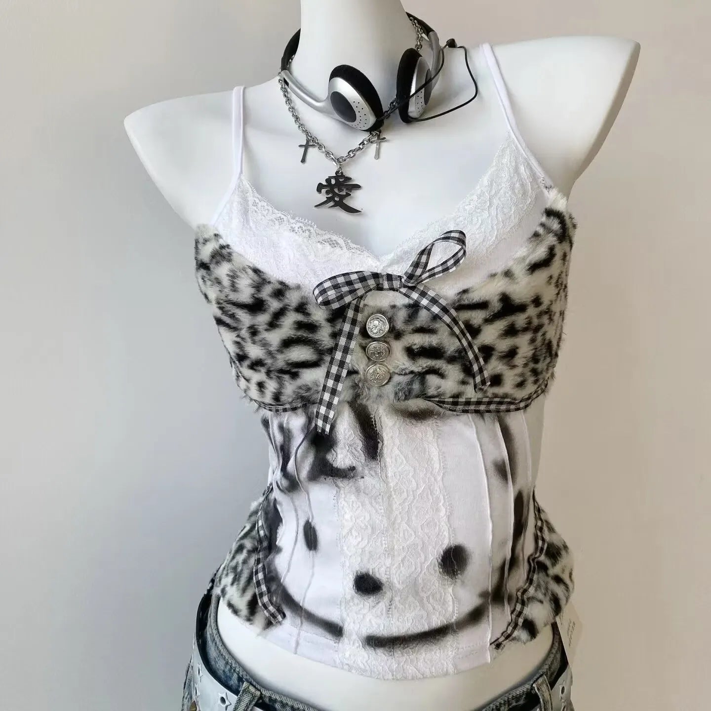 Vintage Hottie Halter Tank Tops Subculture Leopard Patchwork Vest Women's Kawaii Kitten Print Slim Y2K Crop Tops Women Clothes