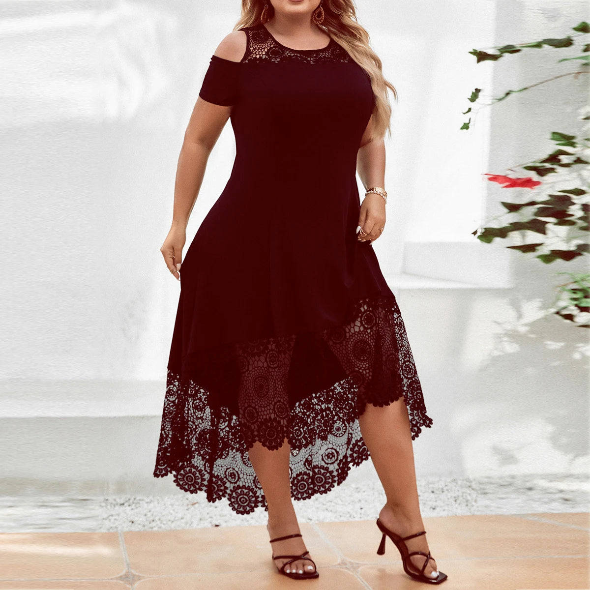 Plus Size Women' Solid Elegant Lace Spliced Cold Shoulder Midi Dress Summer Ladies Banquet Party Cocktail Sundress Size 0XL-5XL