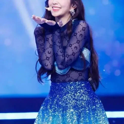 Spring Fashion Sexy Perspective Women's Pullover Mesh T-Shirt New Semi High Neck Long Sleeved Slim Fit Elastic Women T-Shirt