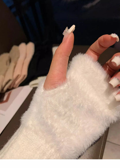 Soft Winter Half Finger Gloves Women Warm Luxury Solid White Plush Knitted Fingerless Gloves Wrist Mittens Writting