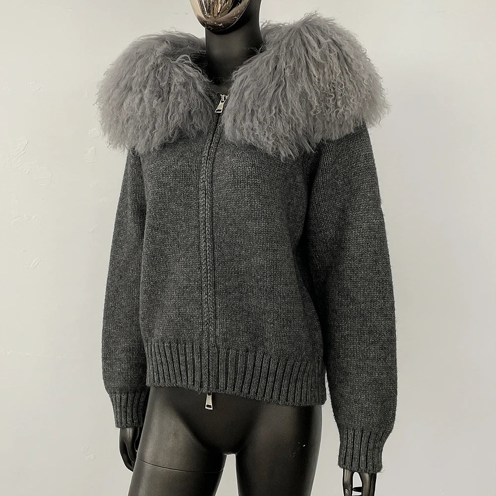 Coat Women Cardigan Natural Fox Fur Coat Women Real Mongolian Fur Knitwear Female Spring Autumn Hooded Knitted Fur Jacket
