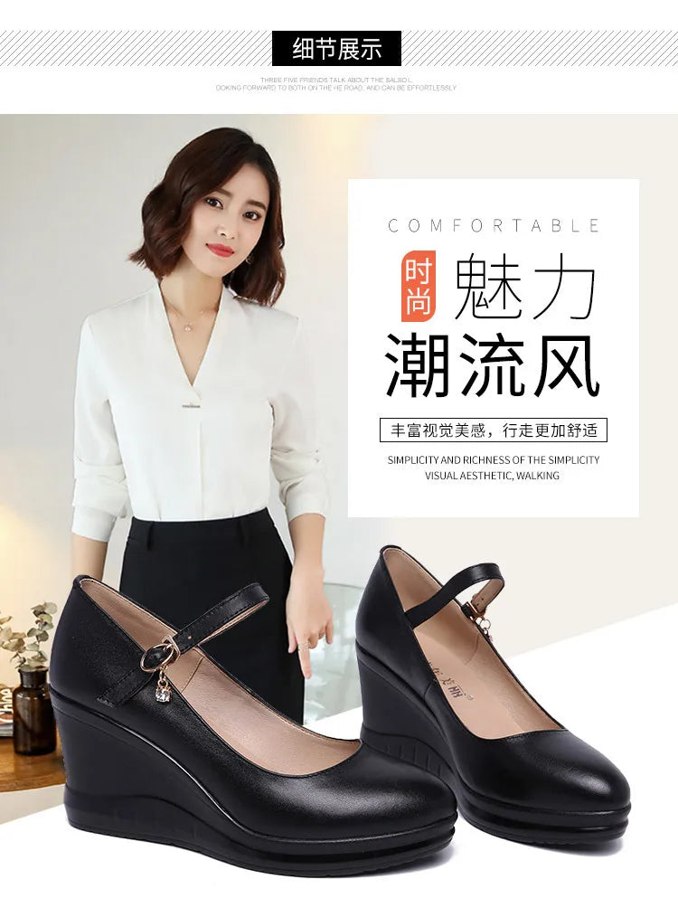 high quality leather shoe for women 7cm wedge high heel platform round toe 32 33 42 43 elegant and fashion shoe white red black