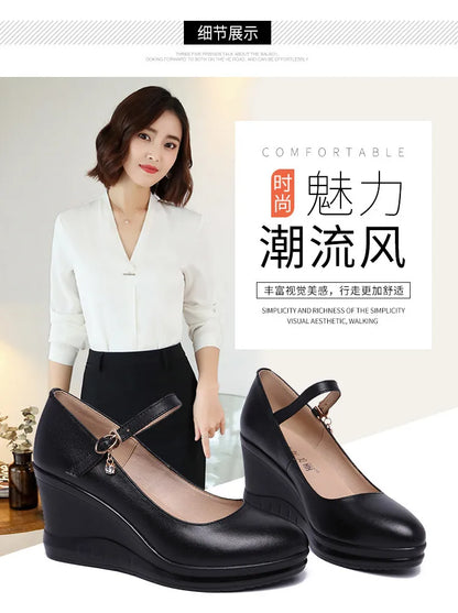 high quality leather shoe for women 7cm wedge high heel platform round toe 32 33 42 43 elegant and fashion shoe white red black