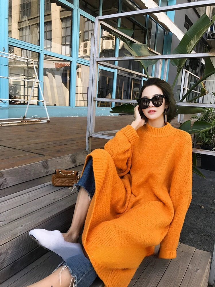 Winter Women Dress Fall Sweater Women Dress Long Sleeve Knitted Dresses Maxi Vintage Oversize Dresses Knitting Thick Warm Purple