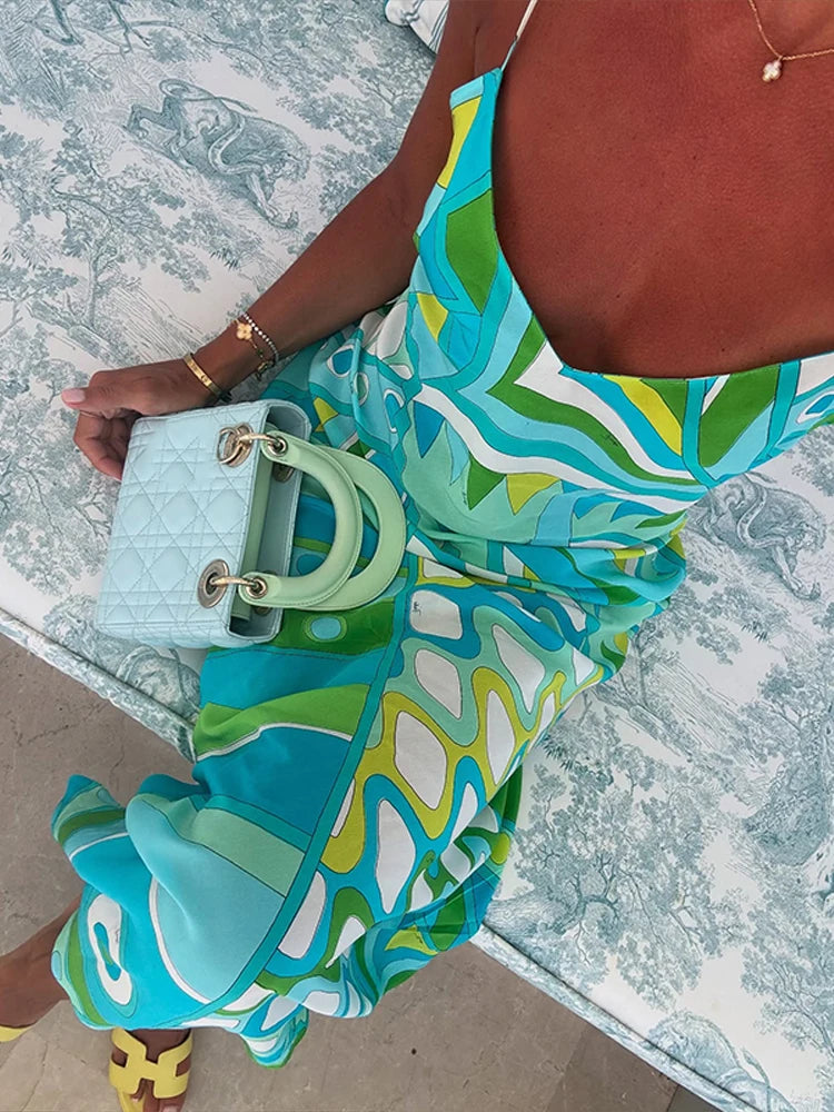 Chic Print Sling Long Dress Women Sleevless Backless Side Split Party Dresses 2025 Summer Street Beach Lady Ankle-length Robes