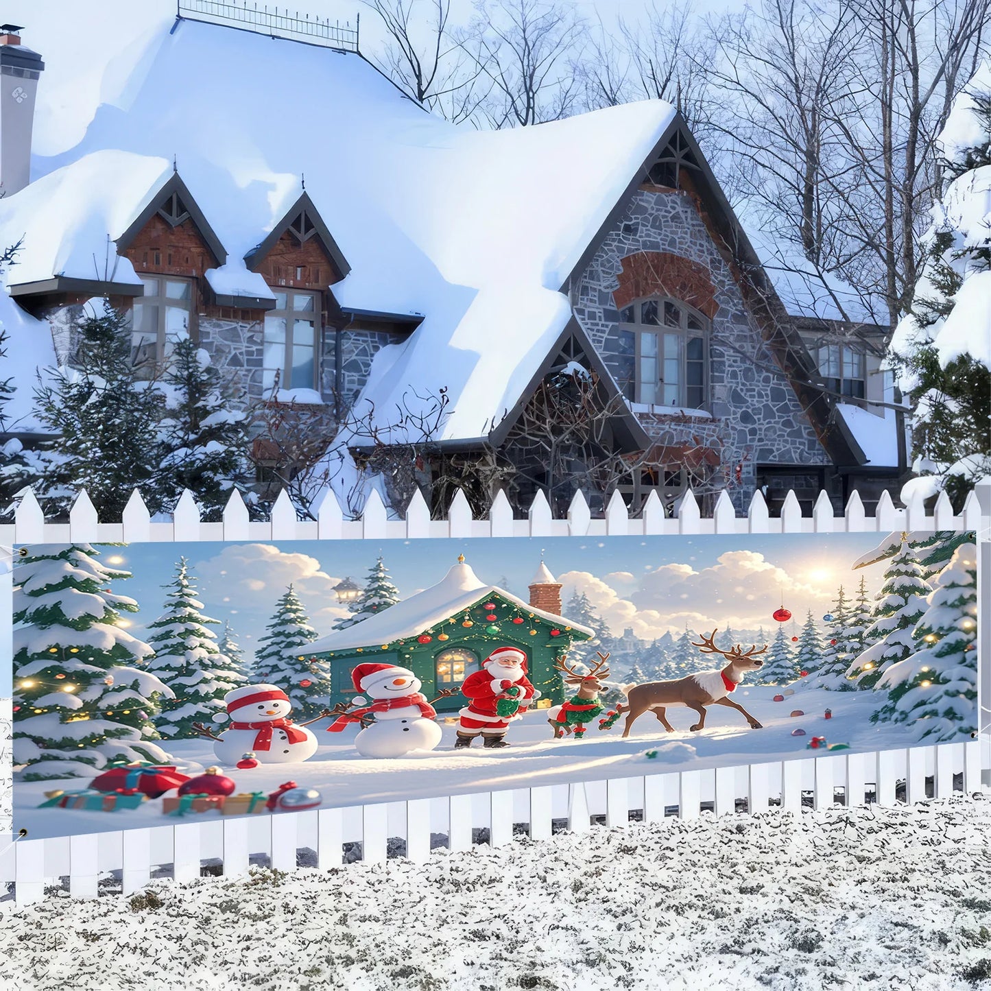1 Christmas banner - Santa Claus, Snowman and Reindeer Hut Winter Wonderland scene - Heavy holiday decorations
