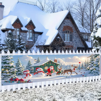 1 Christmas banner - Santa Claus, Snowman and Reindeer Hut Winter Wonderland scene - Heavy holiday decorations