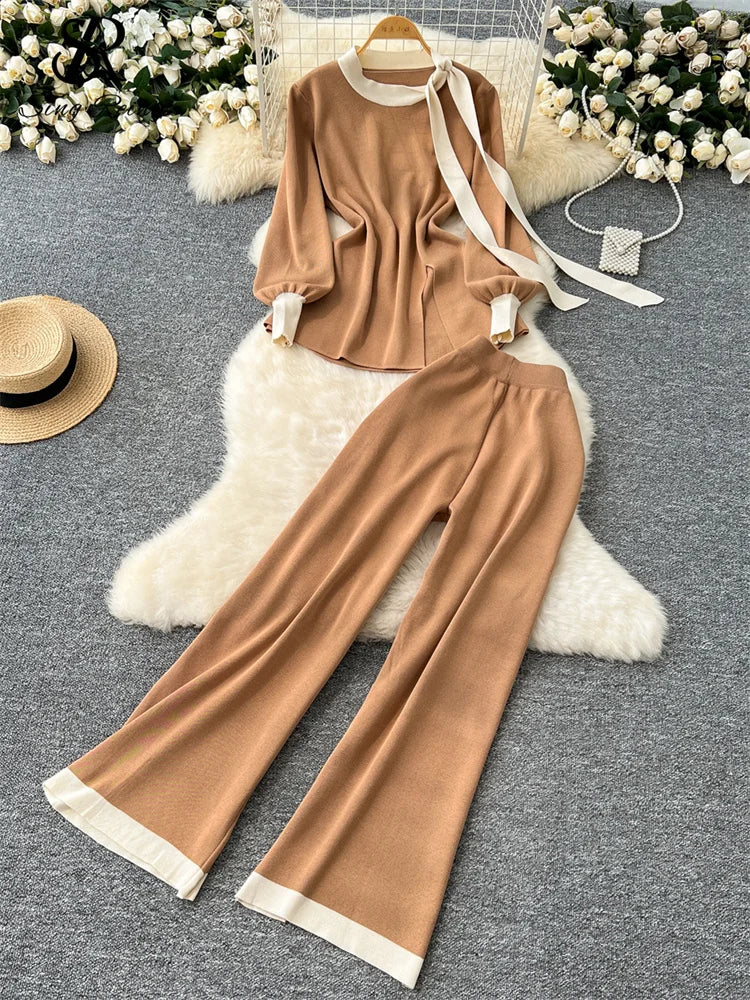 SINGREINY Office Lady Autumn Two Pieces Suits Ladies O Neck Lantern Sleeve Lace Up Top+Elastic Long Pants Fashion Knitting Sets