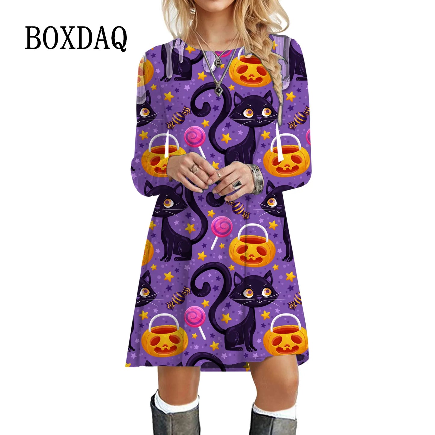 Halloween Party Dresses For Women Funny Cats 3D Pumpkin Print Dress Autumn Winter Fashion Long Sleeve Kawaii Dress Oversize 2023