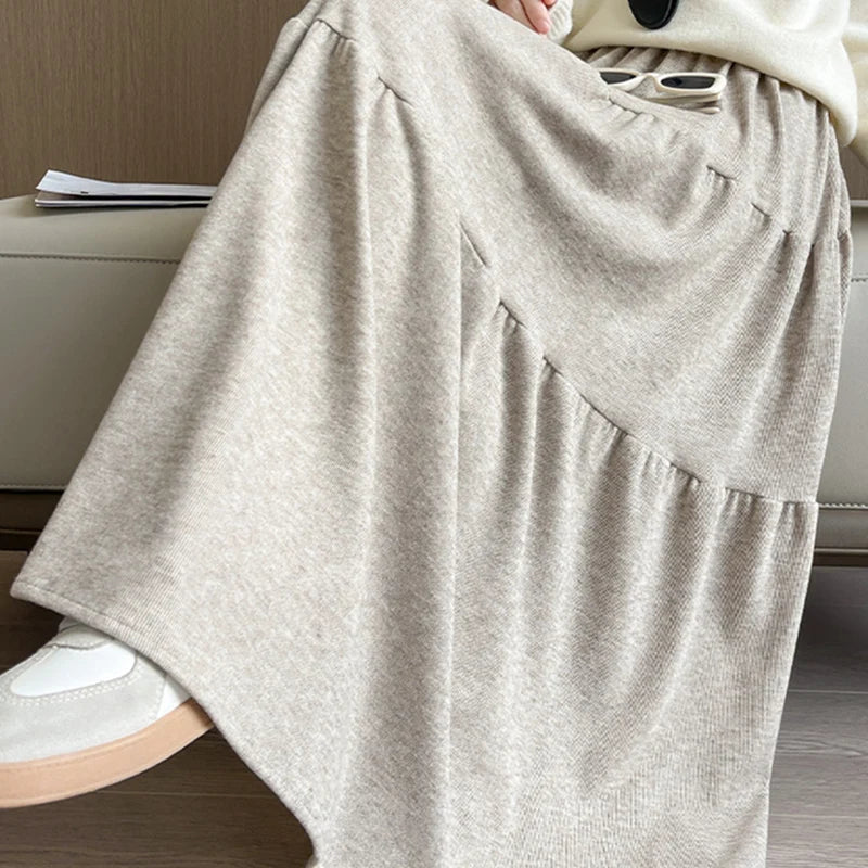 Autumn Casual Knit Pleated Skirt for Women Elegant Solid Color A Line Long Skirts Korean Streetwear High Waist Patchwork Skirt