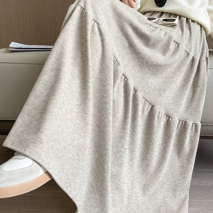 Autumn Casual Knit Pleated Skirt for Women Elegant Solid Color A Line Long Skirts Korean Streetwear High Waist Patchwork Skirt