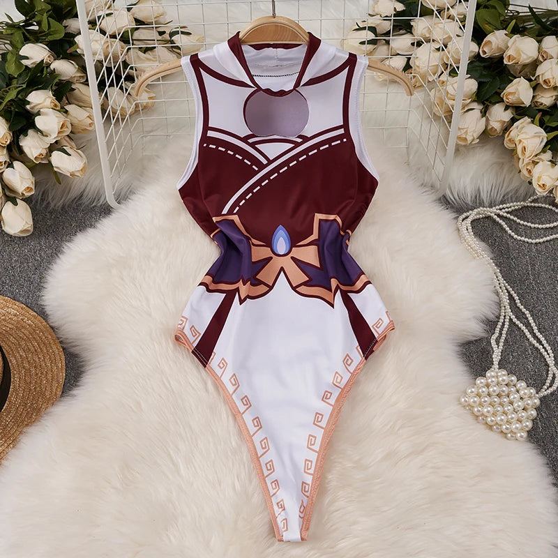 EtherealBe kawaii cartoon bodysuit costume for women maroon and white decorative cosplay one piece bodysuit