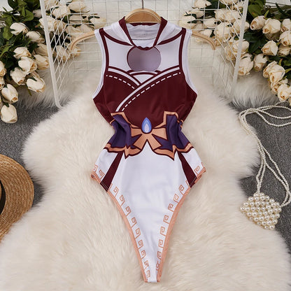 EtherealBe kawaii cartoon bodysuit costume for women maroon and white decorative cosplay one piece bodysuit
