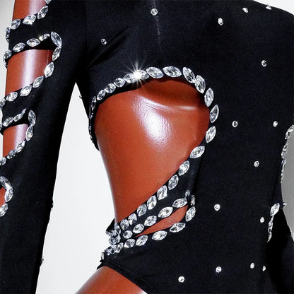 rhinestHollow Out Sexy Black Women Bodysuit pants Sets Long Sleeve Turtleneck Bodysuits Clubwear Costumes Stars Hot Singer Stage