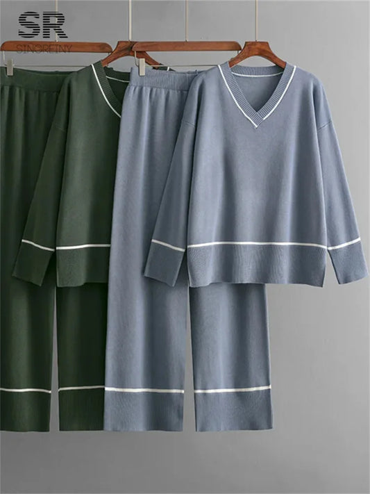 SINGREINY Women Basics Winter Sets V Neck Sweater+Solid Wide Legs Long Pants 2024 Autumn Fashion Casual Thick Two Pieces Suits